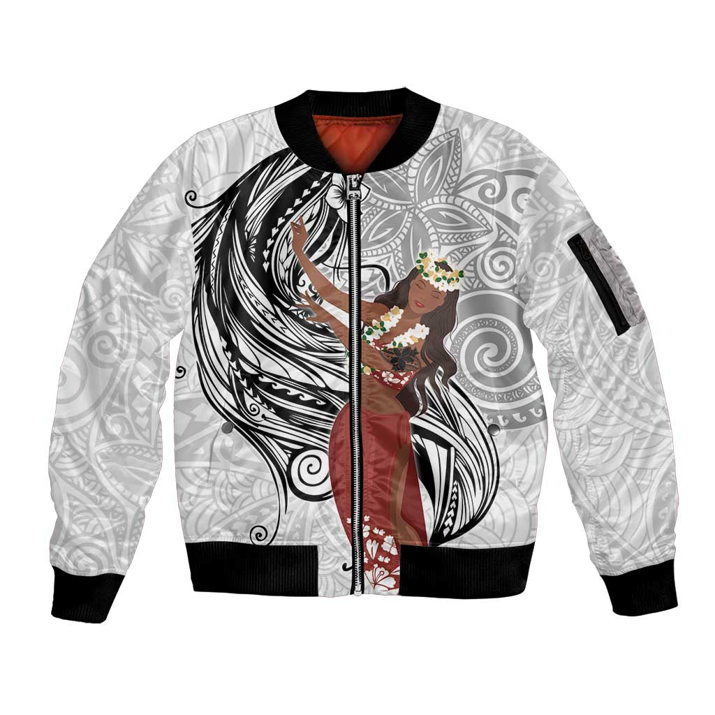 Tahiti Islands Polynesian Plumeria Sleeve Zip Bomber Jacket Tahitian Vahine 'Ote'a - White LT7 Unisex White - Polynesian Pride