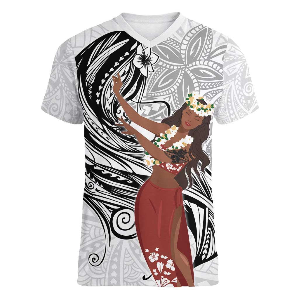 Tahiti Islands Polynesian Plumeria Women V-Neck T-Shirt Tahitian Vahine 'Ote'a - White