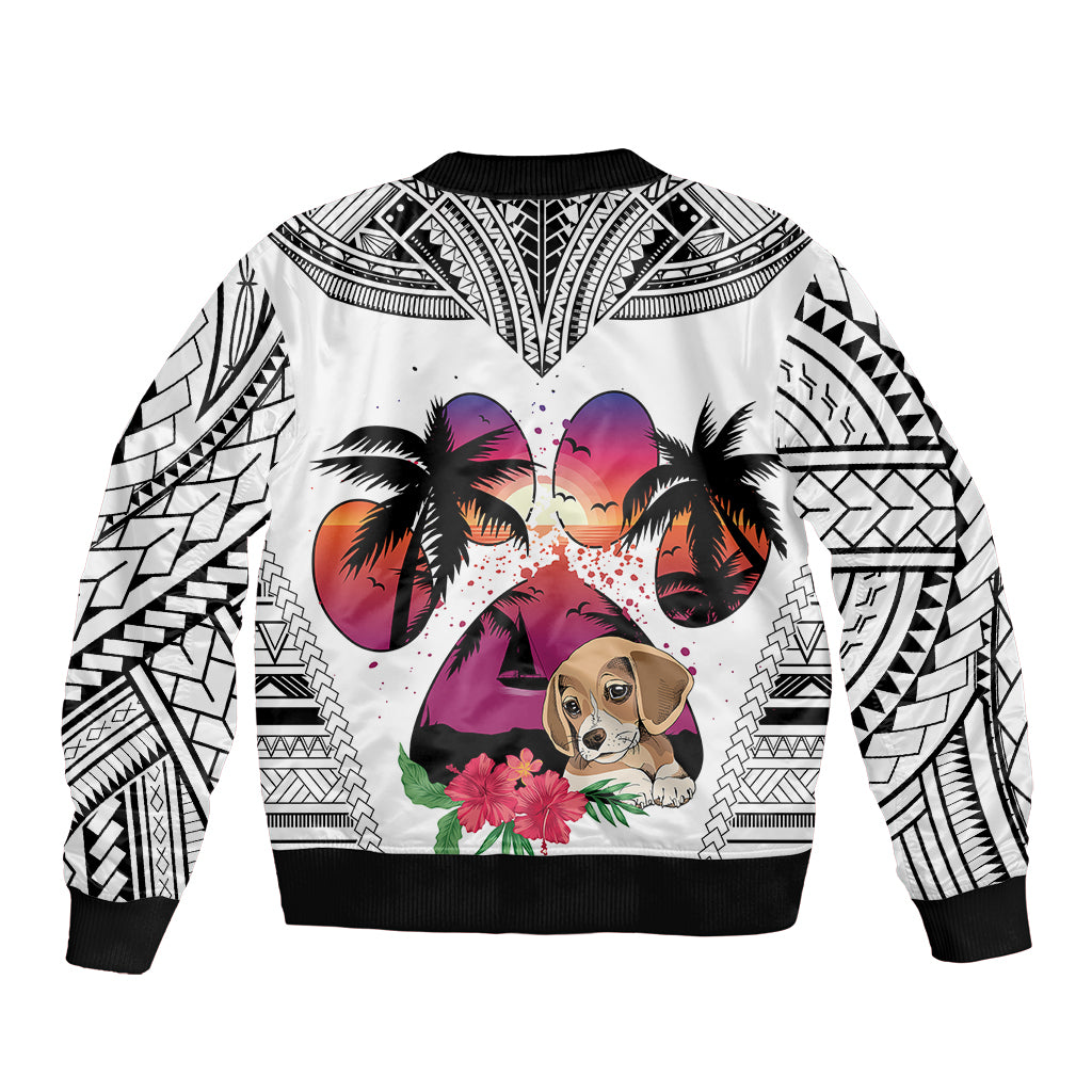 Polynesian Bomber Jacket Dog Lover With Beagle - Sunset At The Beach White Ver LT7 - Polynesian Pride