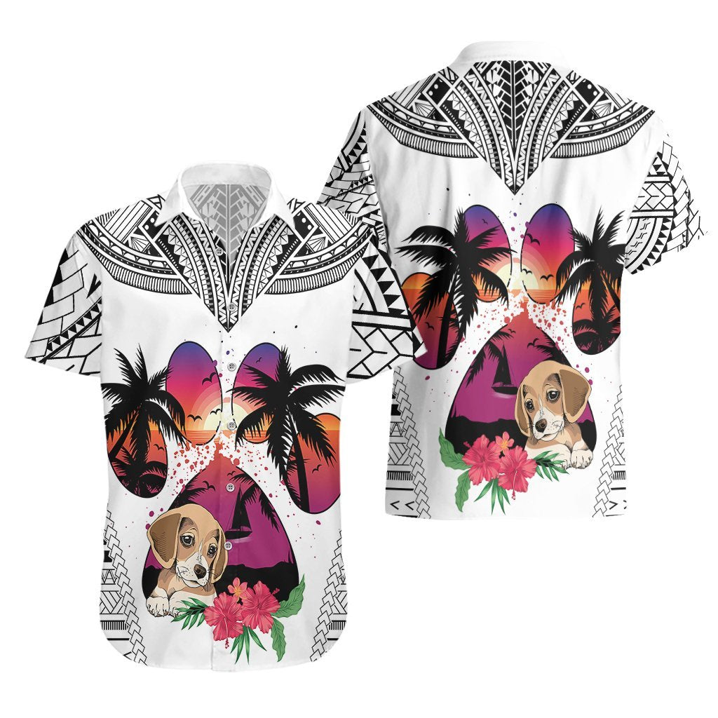 Polynesian Hawaiian Shirt Dog Lover With Beagle - Sunset At The Beach White Ver LT7 - Polynesian Pride