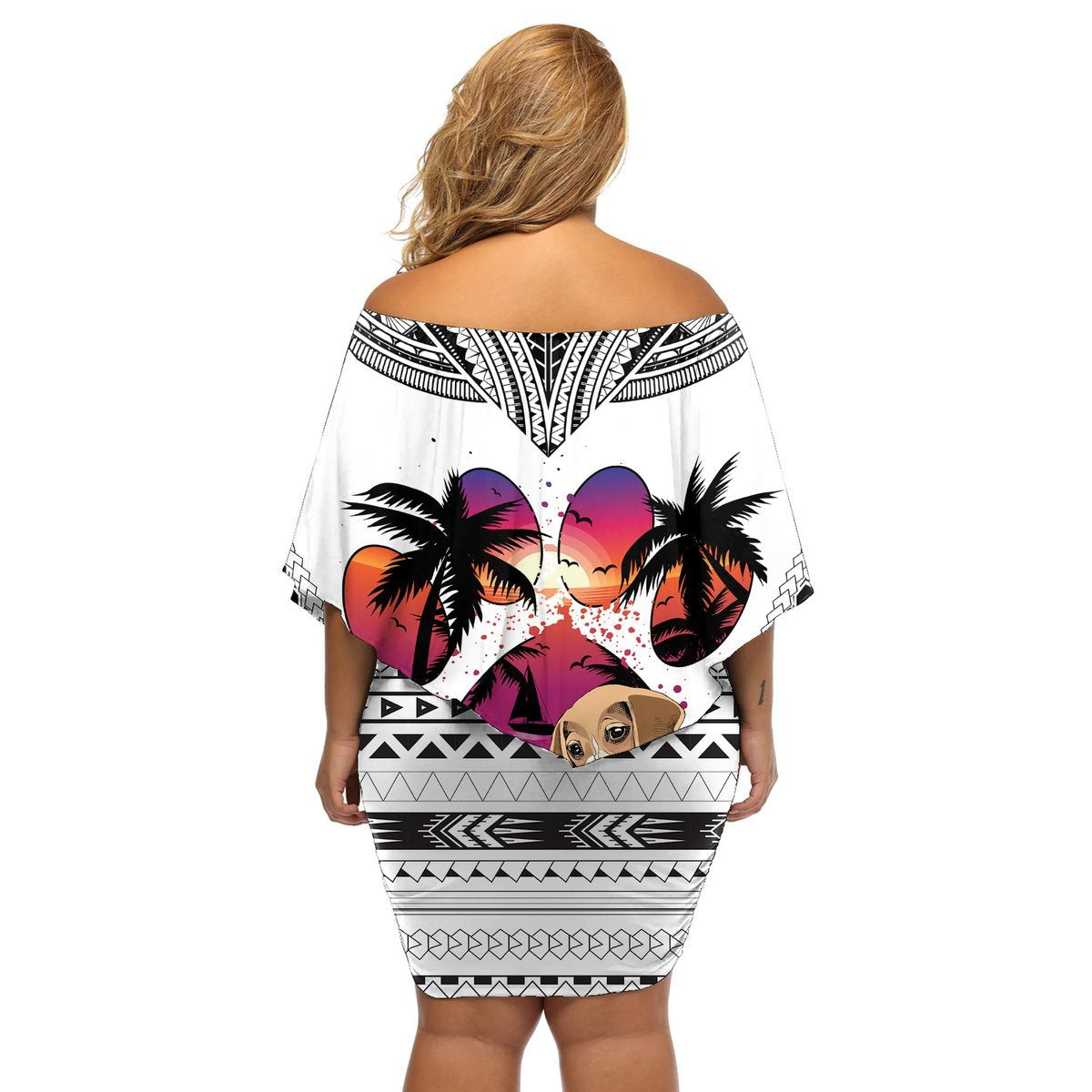 Polynesian Off Shoulder Short Dress Dog Lover With Beagle - Sunset At The Beach White Ver LT7 - Polynesian Pride