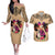 Polynesian Couples Matching Off The Shoulder Long Sleeve Dress and Hawaiian Shirt Dog Lover With German Shepherd - Sunset At The Beach LT7 Coral - Polynesian Pride