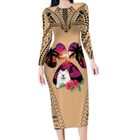 Polynesian Long Sleeve Bodycon Dress Dog Lover With Samoyed - Sunset At The Beach LT7 Long Dress Coral - Polynesian Pride