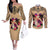 Polynesian Couples Matching Off The Shoulder Long Sleeve Dress and Long Sleeve Button Shirts Dog Lover With Shiba Inu - Sunset At The Beach LT7 Coral - Polynesian Pride