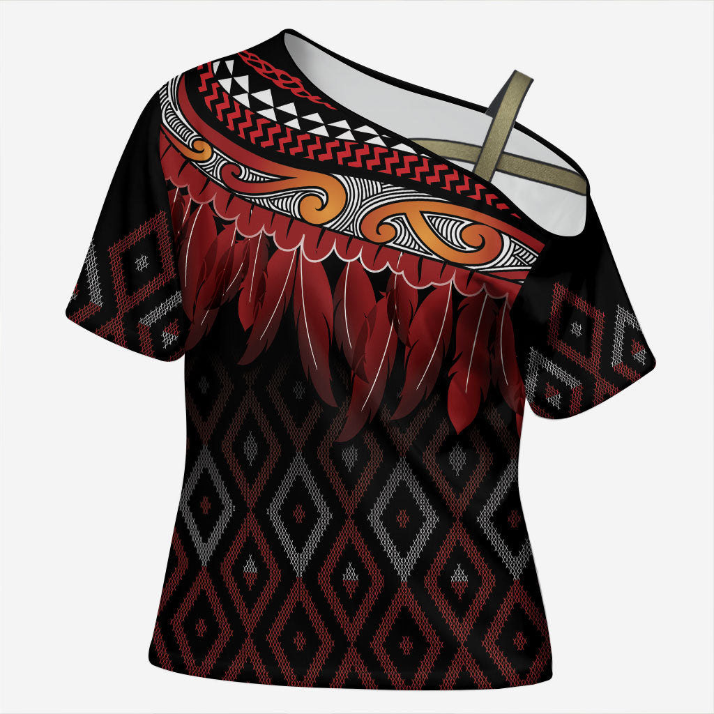 Aotearoa Maori Ngapuhi Iwi Cross Shoulder Shirt Korowai Tukutuku Kaokao Motifs LT7 Female Black - Polynesian Pride
