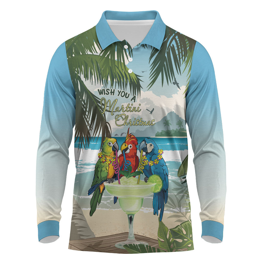 Wish You A Merry Martini Christmas Long Sleeve Polo Shirt Cocktail Parrot-dise LT7 Multicolor - Polynesian Pride