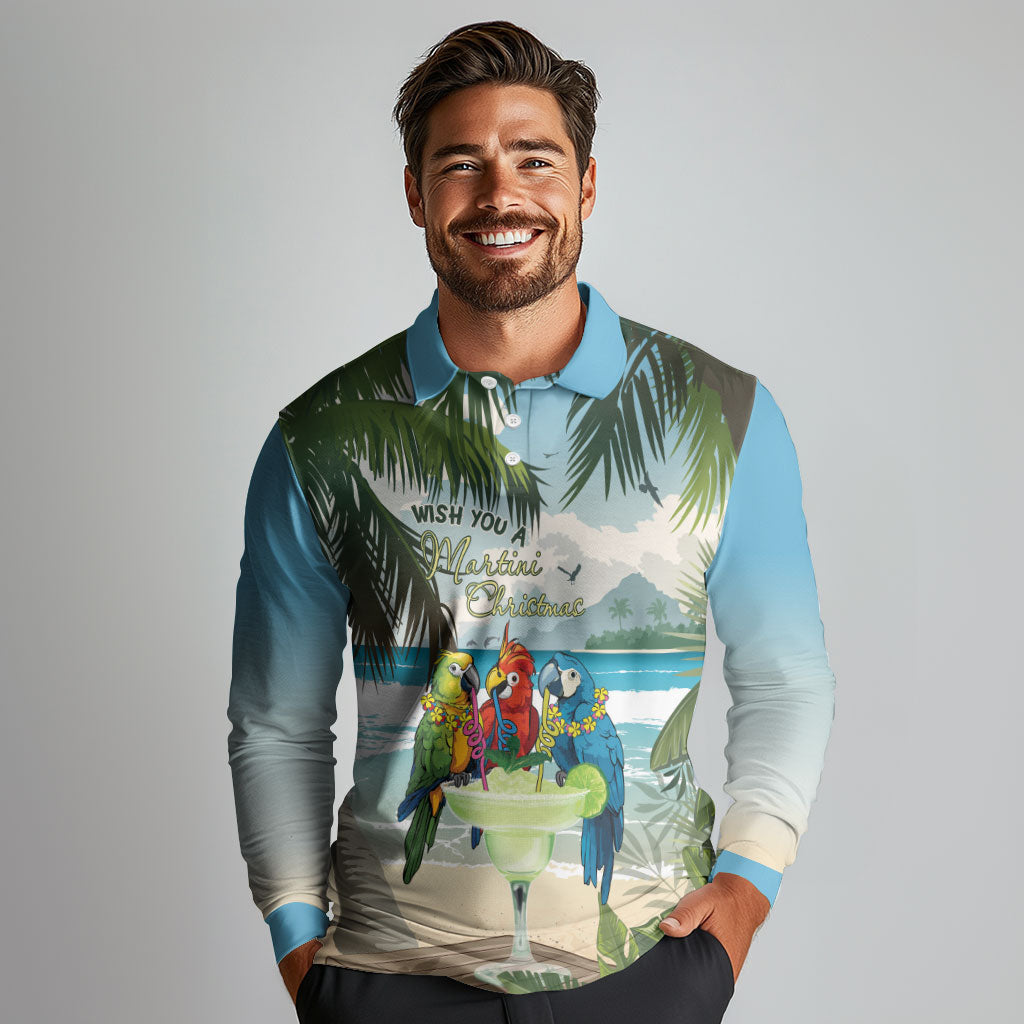 Wish You A Merry Martini Christmas Long Sleeve Polo Shirt Cocktail Parrot-dise LT7 - Polynesian Pride