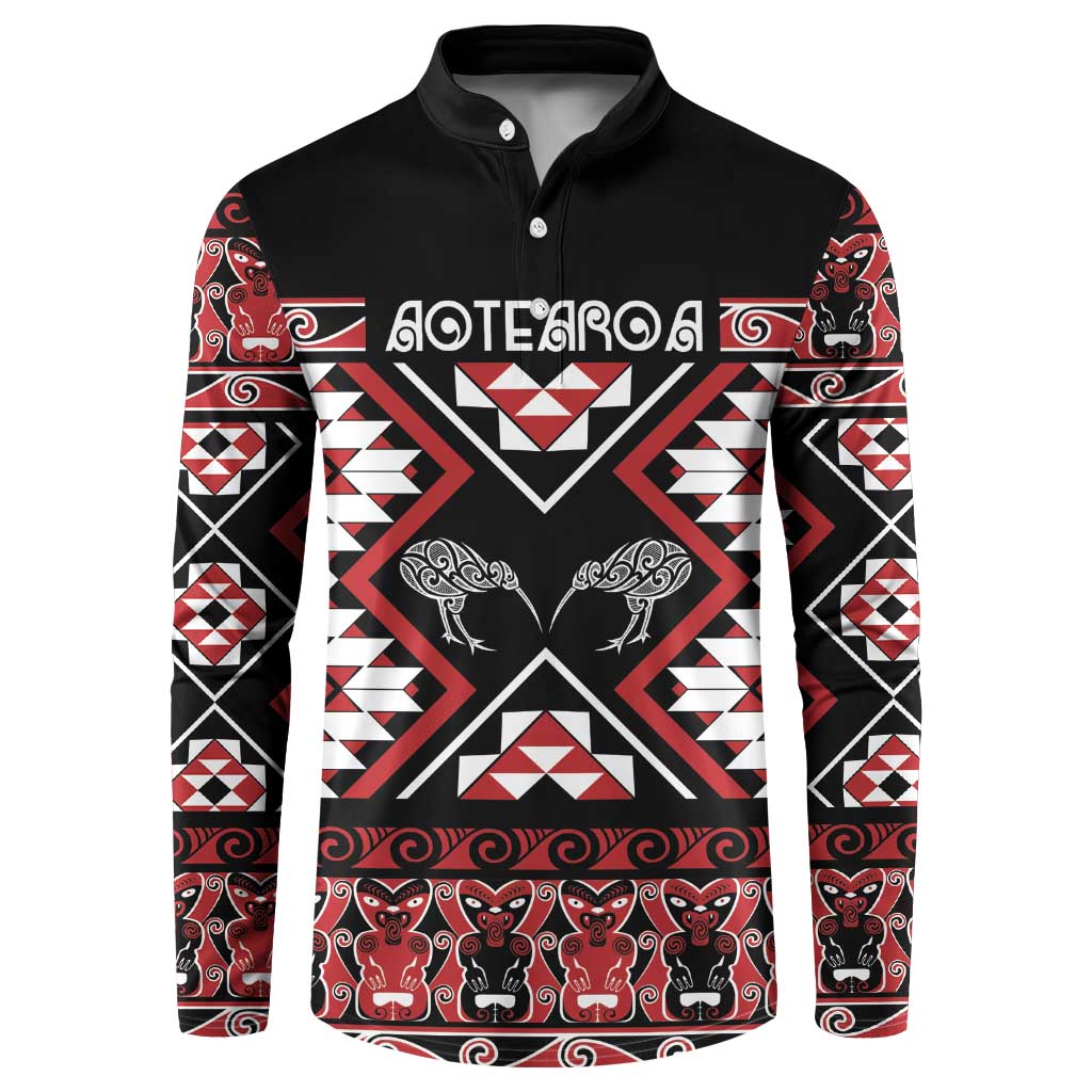 Personalised Taniko Motifs Aotearoa Button Sweatshirt Waitangi Kowhaiwhai Kiwi LT7 Red - Polynesian Pride