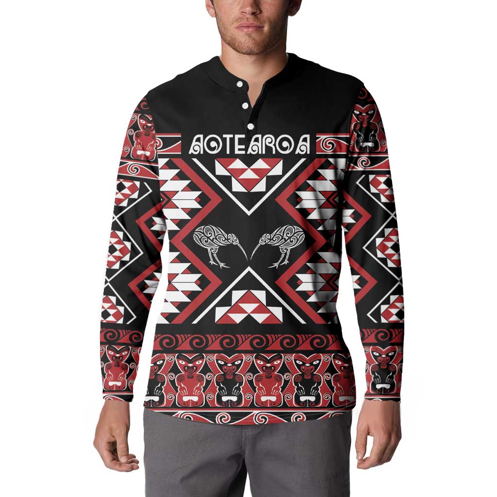 Personalised Taniko Motifs Aotearoa Button Sweatshirt Waitangi Kowhaiwhai Kiwi LT7 - Polynesian Pride