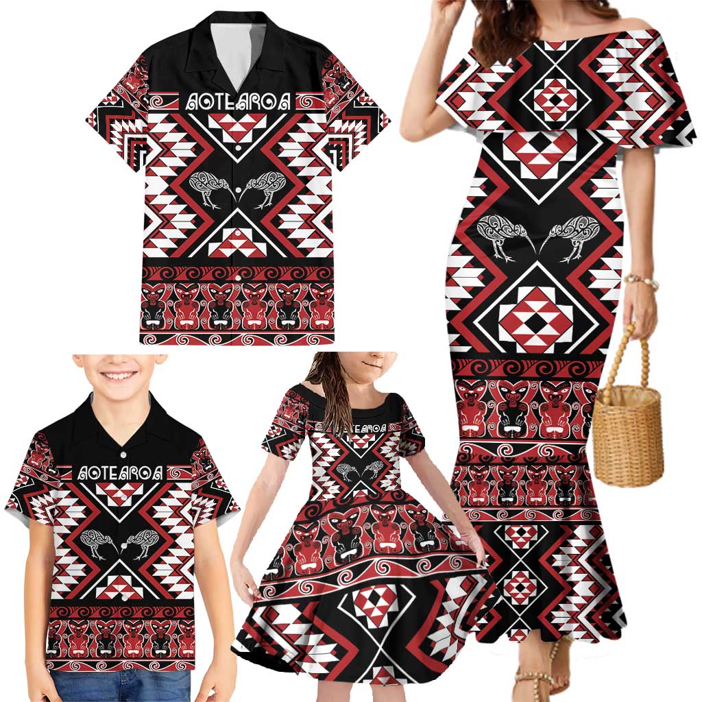 Personalised Taniko Motifs Aotearoa Family Matching Mermaid Dress and Hawaiian Shirt Waitangi Kowhaiwhai Kiwi