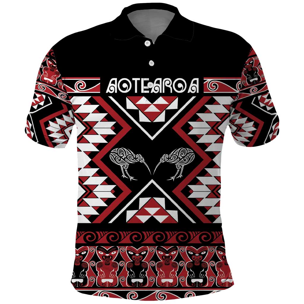Personalised Taniko Motifs Aotearoa Polo Shirt Waitangi Kowhaiwhai Kiwi LT7 Red - Polynesian Pride