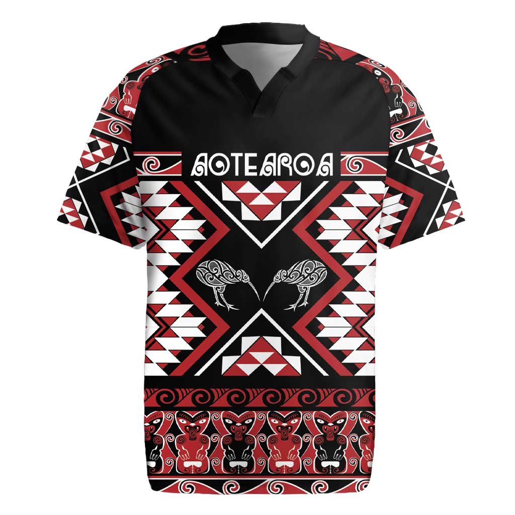 Personalised Taniko Motifs Aotearoa Rugby Jersey Waitangi Kowhaiwhai Kiwi LT7 Red - Polynesian Pride