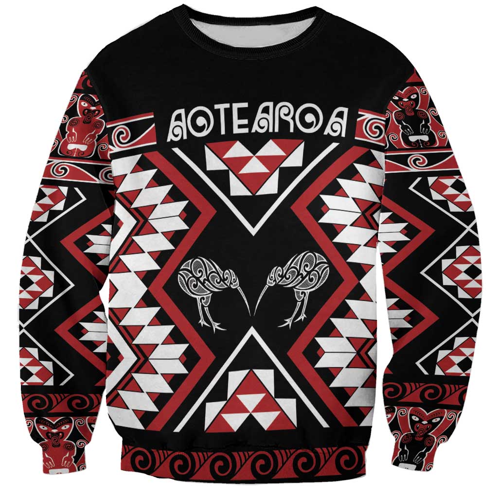 Personalised Taniko Motifs Aotearoa Sweatshirt Waitangi Kowhaiwhai Kiwi LT7 Unisex Red - Polynesian Pride