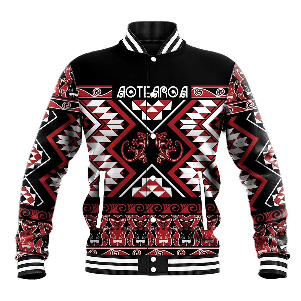 Personalised Aotearoa Waitangi Baseball Jacket Taniko Motifs - Mania Gecko LT7 Unisex Red - Polynesian Pride