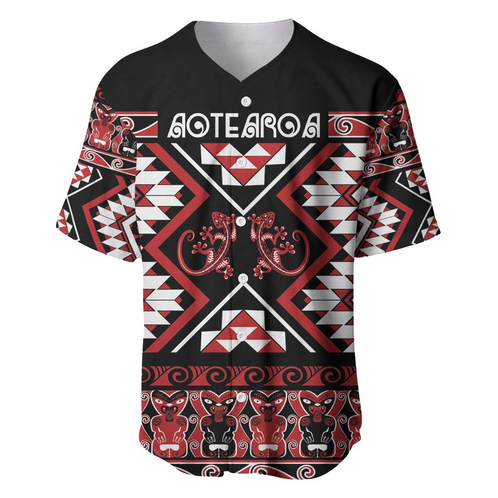 Personalised Aotearoa Waitangi Baseball Jersey Taniko Motifs - Mania Gecko