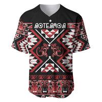 Personalised Aotearoa Waitangi Baseball Jersey Taniko Motifs - Mania Gecko LT7 Red - Polynesian Pride