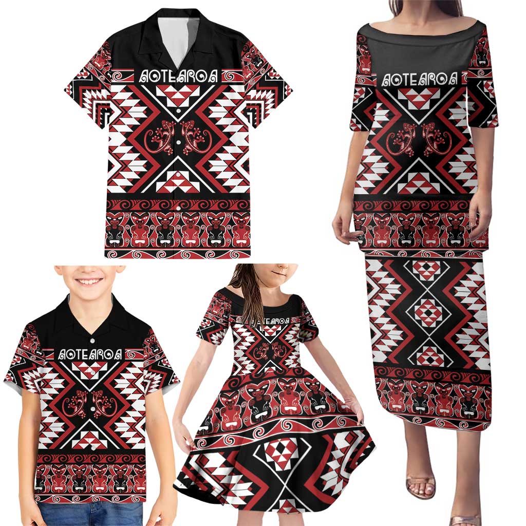 Personalised Aotearoa Waitangi Family Matching Puletasi and Hawaiian Shirt Taniko Motifs - Mania Gecko