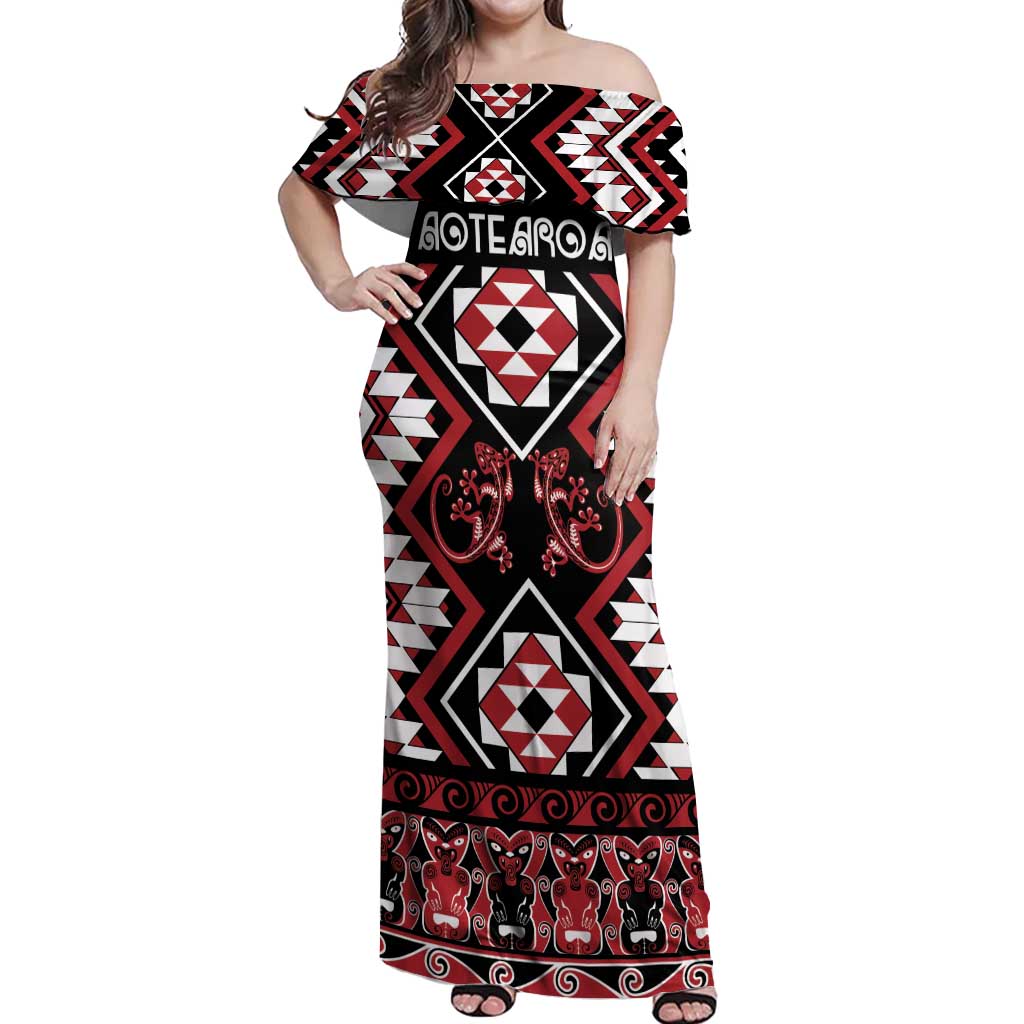 Personalised Aotearoa Waitangi Off Shoulder Maxi Dress Taniko Motifs - Mania Gecko LT7 Women Red - Polynesian Pride