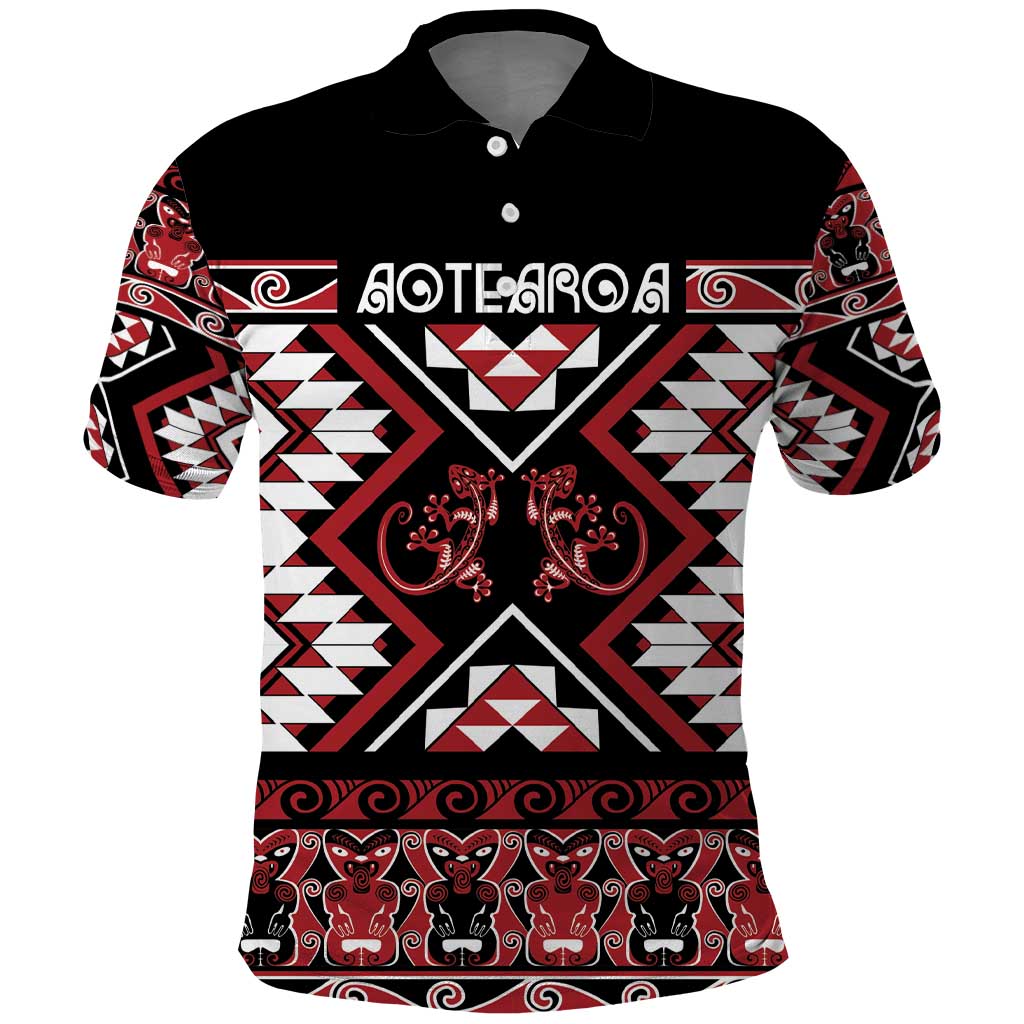 Personalised Aotearoa Waitangi Polo Shirt Taniko Motifs - Mania Gecko LT7 Red - Polynesian Pride