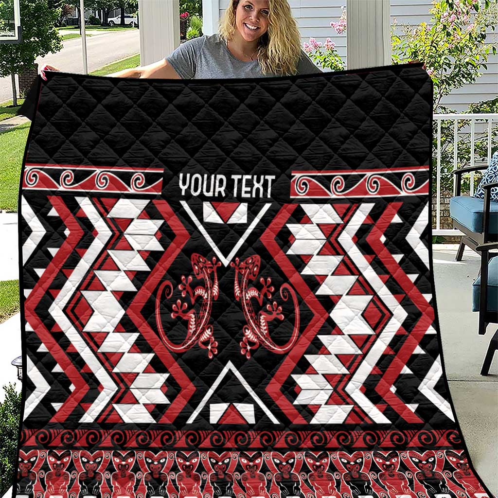 Personalised Aotearoa Waitangi Quilt Taniko Motifs - Mania Gecko LT7 Red - Polynesian Pride