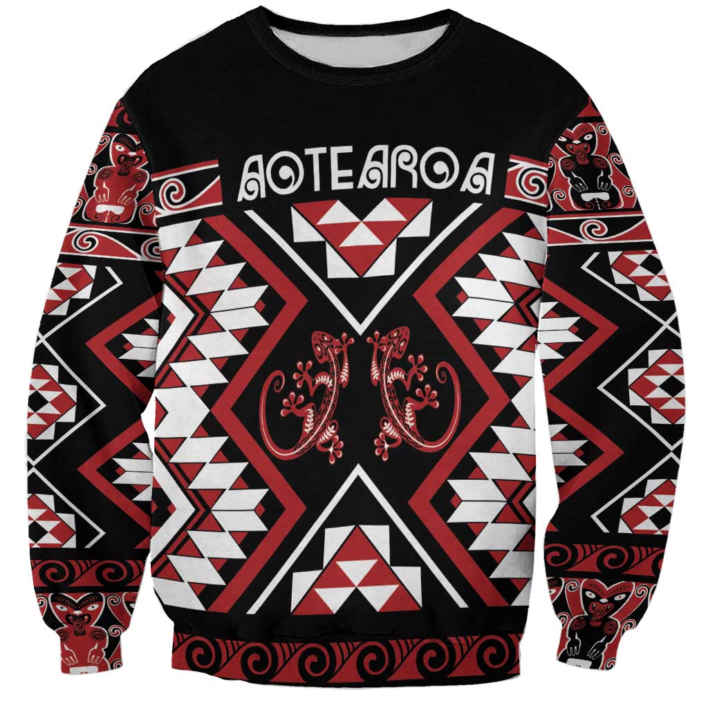 Personalised Aotearoa Waitangi Sweatshirt Taniko Motifs - Mania Gecko LT7 Unisex Red - Polynesian Pride
