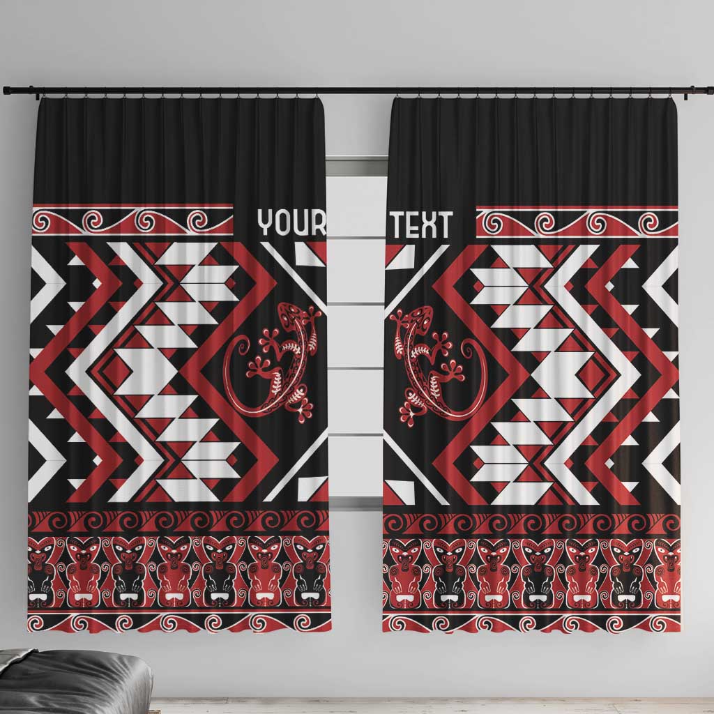 Personalised Aotearoa Waitangi Window Curtain Taniko Motifs - Mania Gecko LT7 With Hooks Red - Polynesian Pride