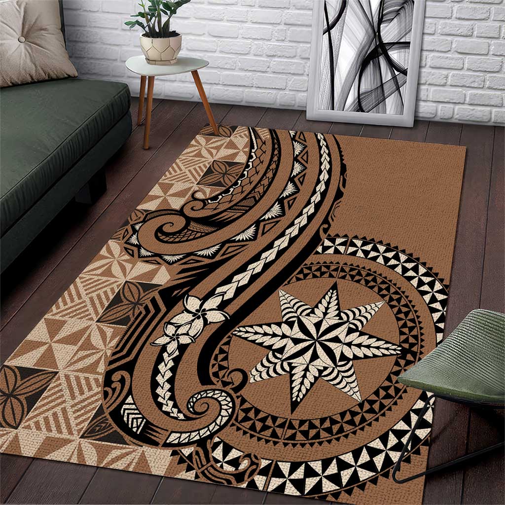 Tonga Ngatu Area Rug Vintage Brown Manulua Motifs LT7 Brown - Polynesian Pride