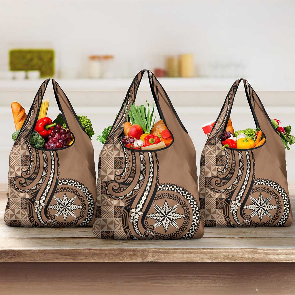 Tonga Ngatu Grocery Bag Vintage Brown Manulua Motifs LT7 3-pack One Size Brown - Polynesian Pride