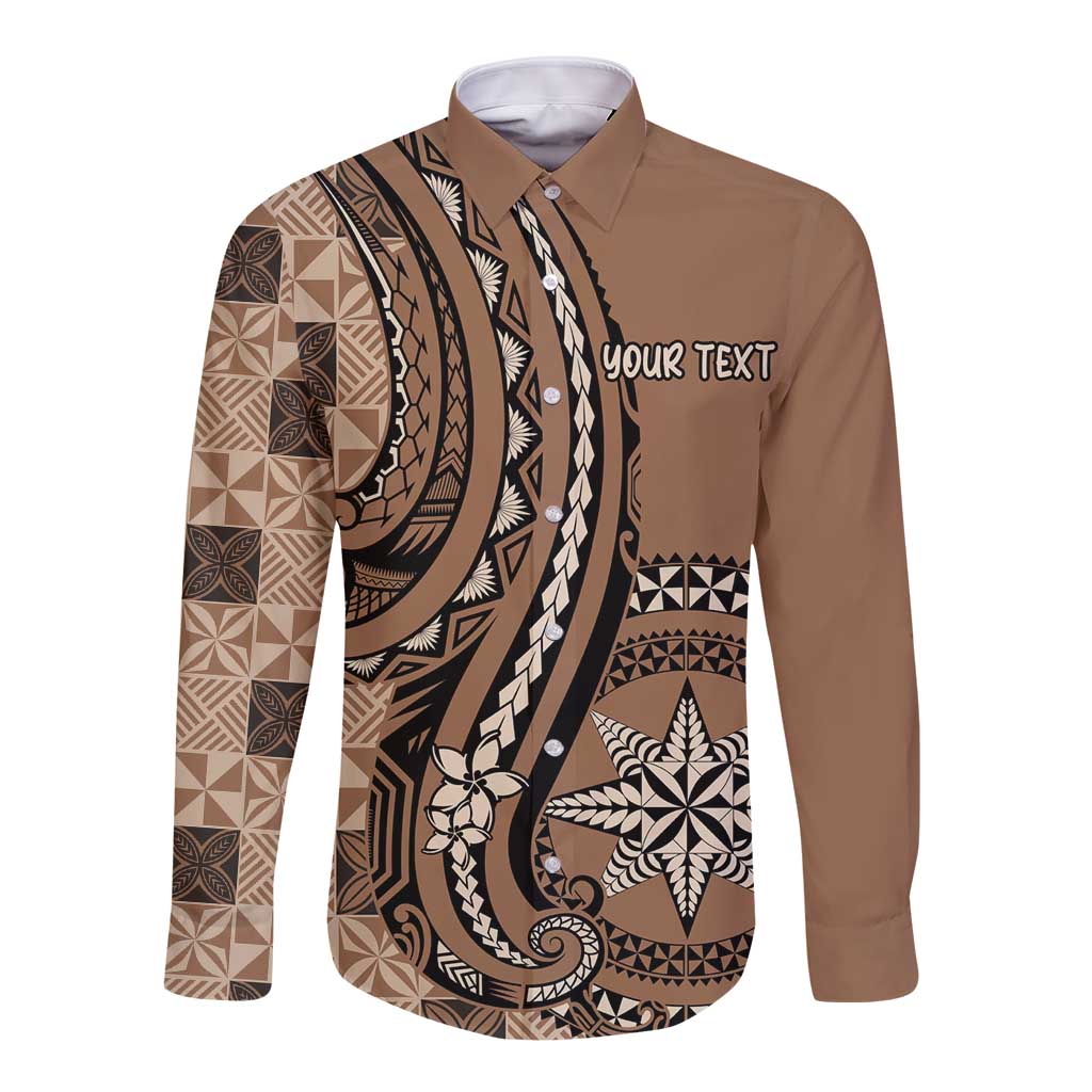 Personalized Tonga Ngatu Long Sleeve Button Shirt Vintage Brown Manulua Motifs LT7 Unisex Brown - Polynesian Pride