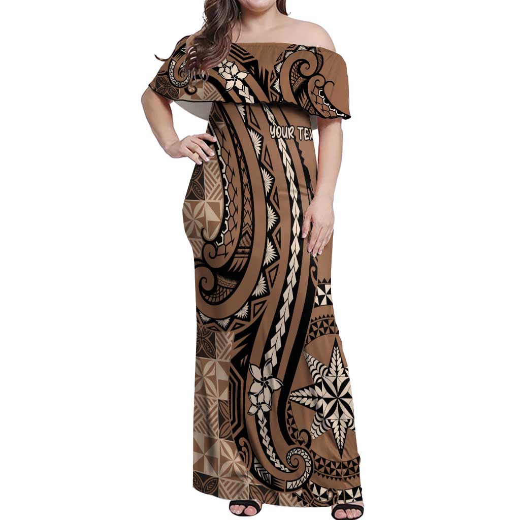 Personalized Tonga Ngatu Off Shoulder Maxi Dress Vintage Brown Manulua Motifs LT7 Women Brown - Polynesian Pride