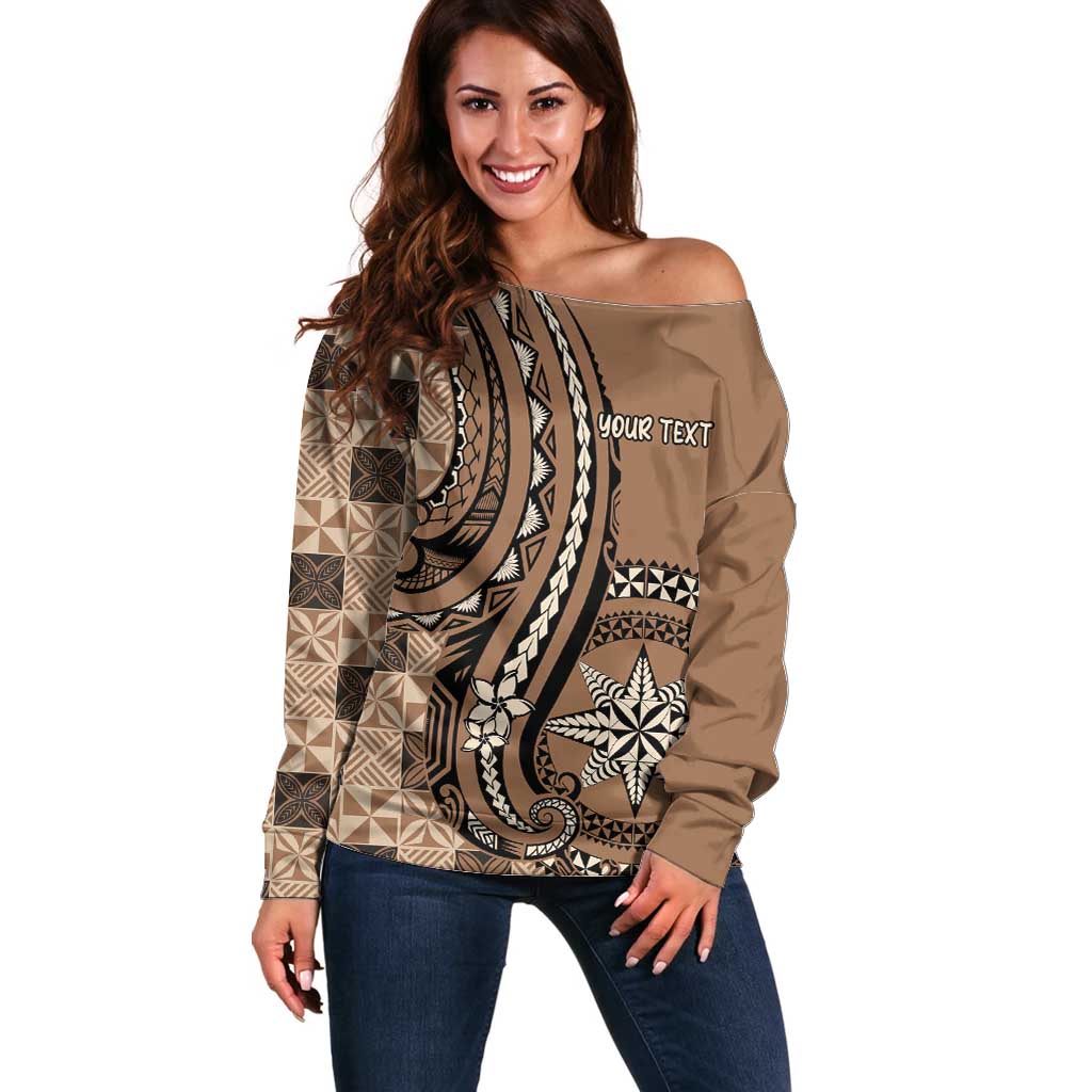 Personalized Tonga Ngatu Off Shoulder Sweater Vintage Brown Manulua Motifs LT7 Women Brown - Polynesian Pride