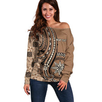Personalized Tonga Ngatu Off Shoulder Sweater Vintage Brown Manulua Motifs LT7 Women Brown - Polynesian Pride