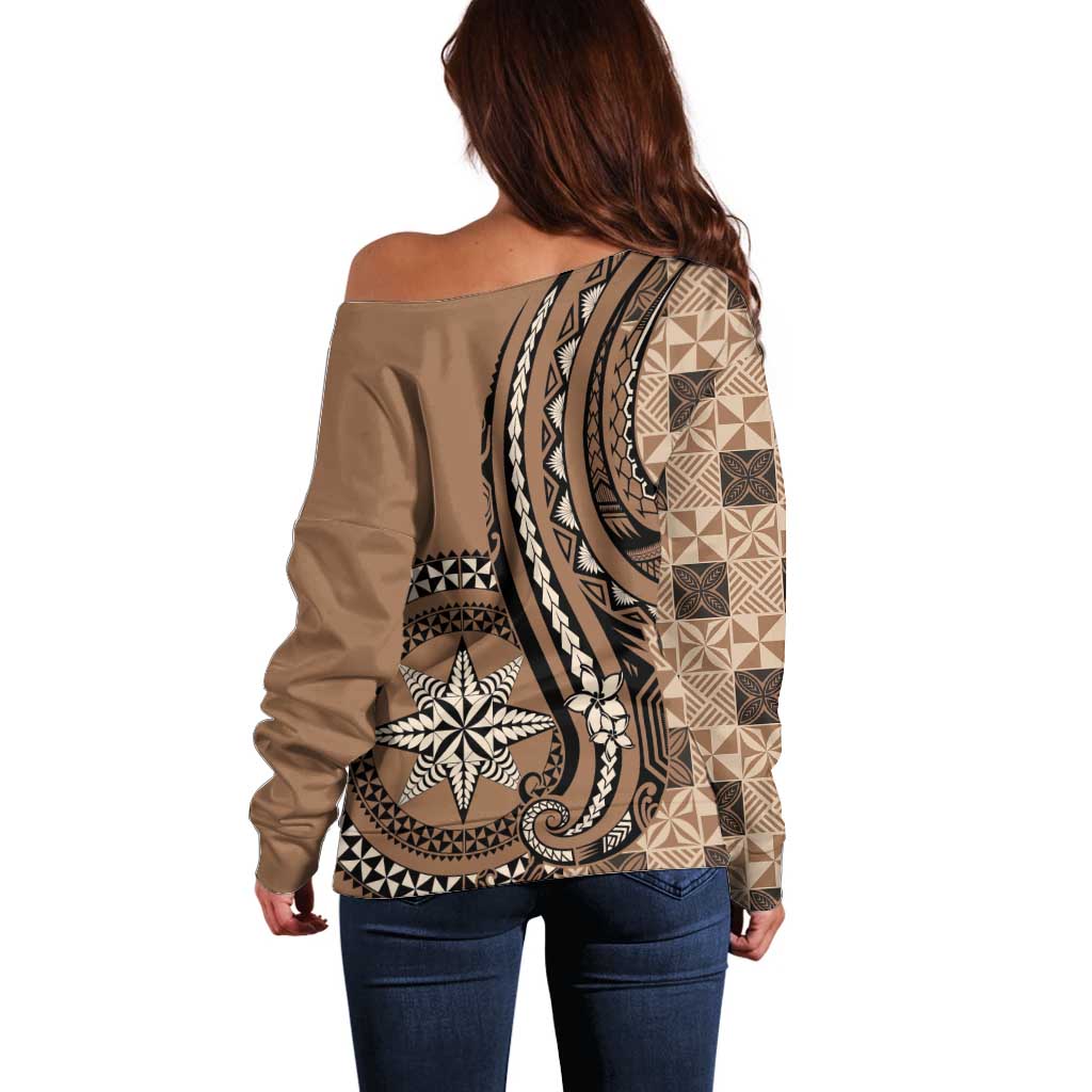 Personalized Tonga Ngatu Off Shoulder Sweater Vintage Brown Manulua Motifs LT7 - Polynesian Pride