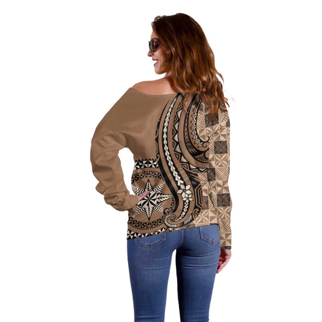 Personalized Tonga Ngatu Off Shoulder Sweater Vintage Brown Manulua Motifs LT7 - Polynesian Pride