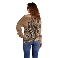 Personalized Tonga Ngatu Off Shoulder Sweater Vintage Brown Manulua Motifs LT7 - Polynesian Pride