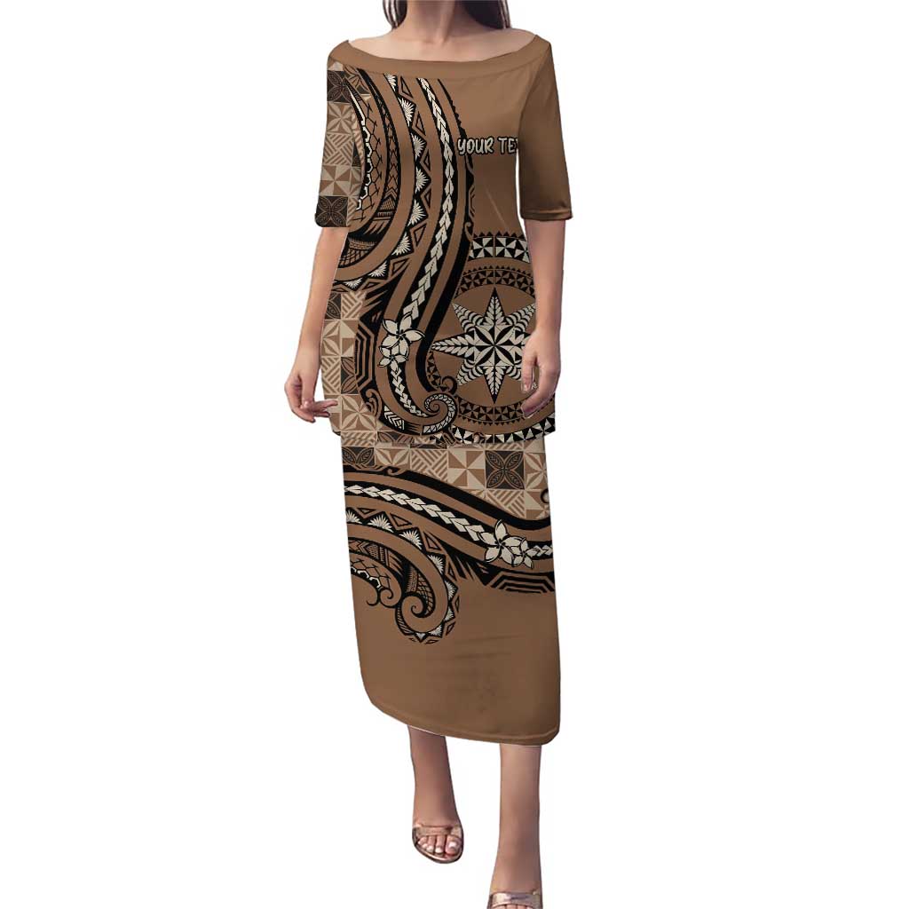 Personalized Tonga Ngatu Puletasi Vintage Brown Manulua Motifs LT7 Long Dress Brown - Polynesian Pride