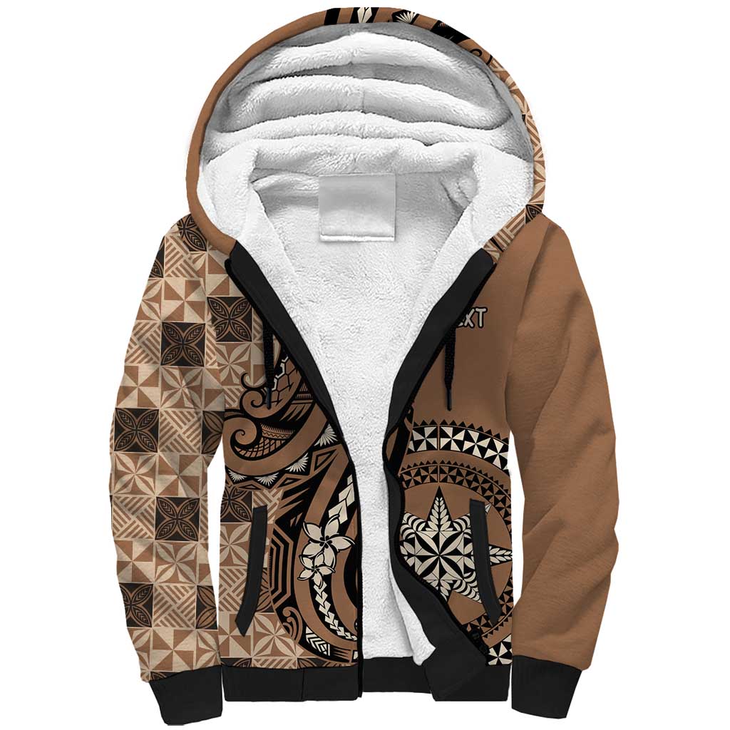 Personalized Tonga Ngatu Sherpa Hoodie Vintage Brown Manulua Motifs LT7 Unisex Brown - Polynesian Pride