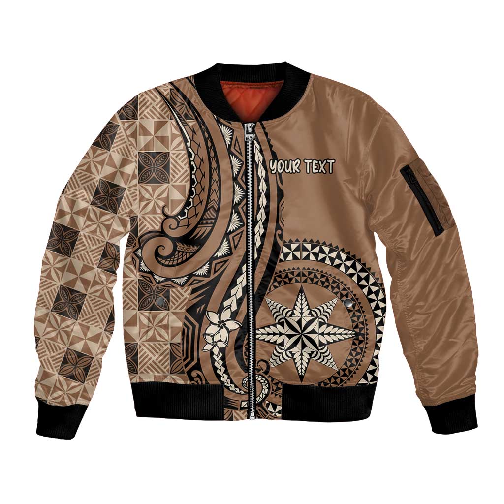 Personalized Tonga Ngatu Sleeve Zip Bomber Jacket Vintage Brown Manulua Motifs LT7 Unisex Brown - Polynesian Pride