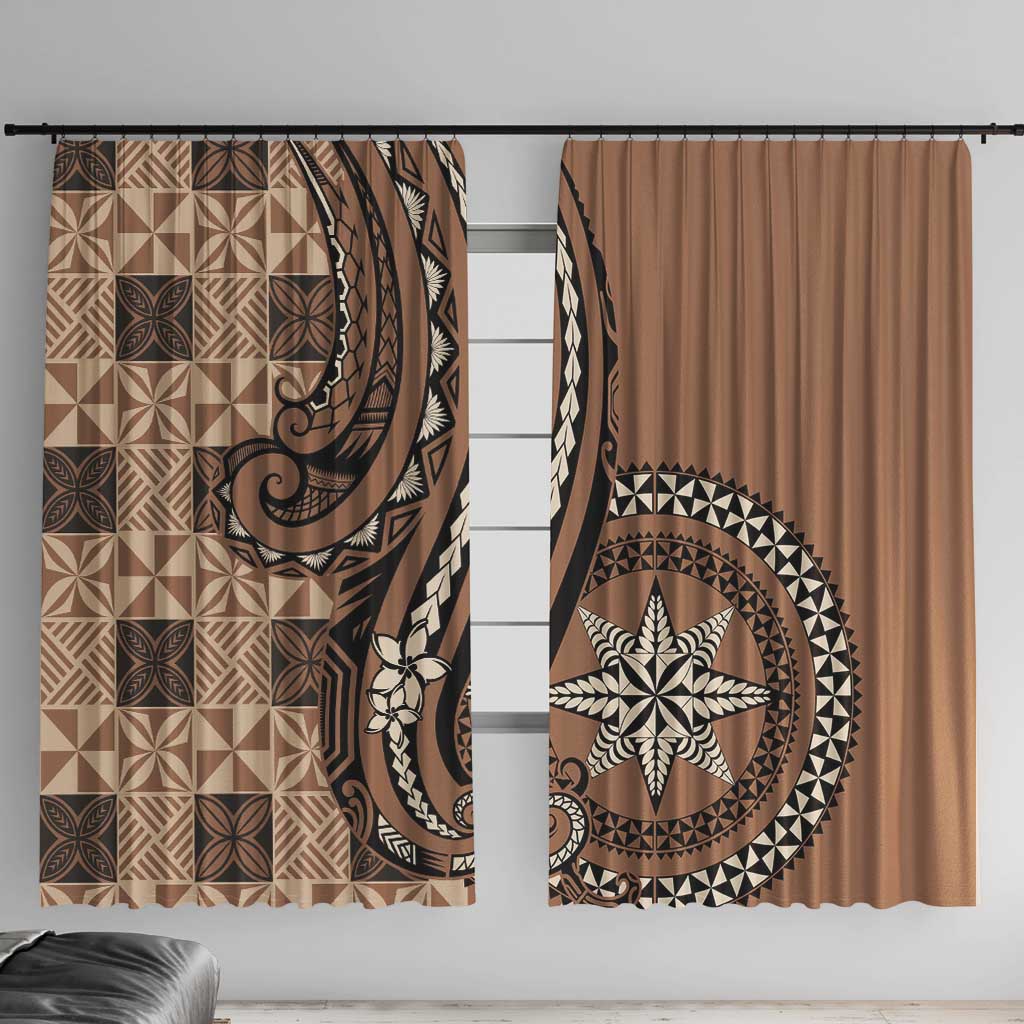 Tonga Ngatu Window Curtain Vintage Brown Manulua Motifs LT7 With Hooks Brown - Polynesian Pride