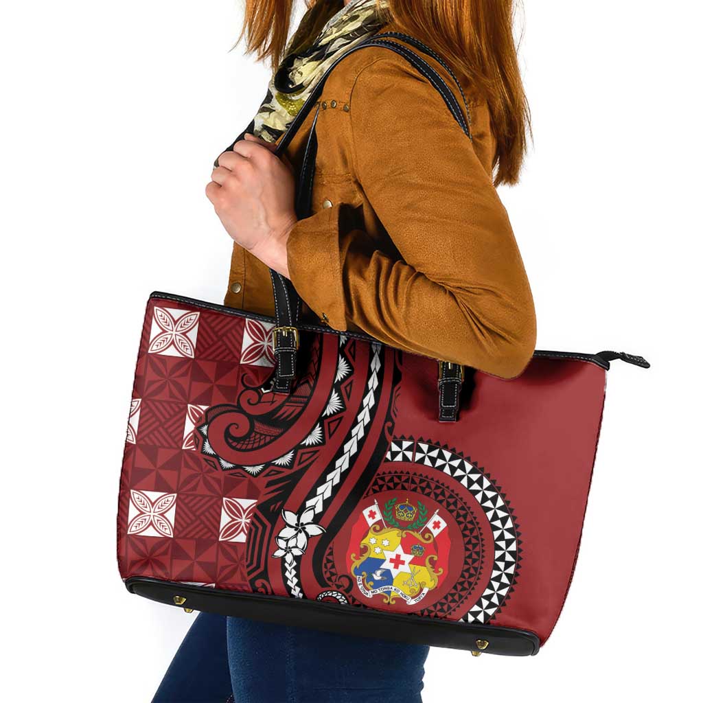 Tonga Ngatu Leather Tote Bag Iconic Red Manulua Motifs LT7 Red - Polynesian Pride