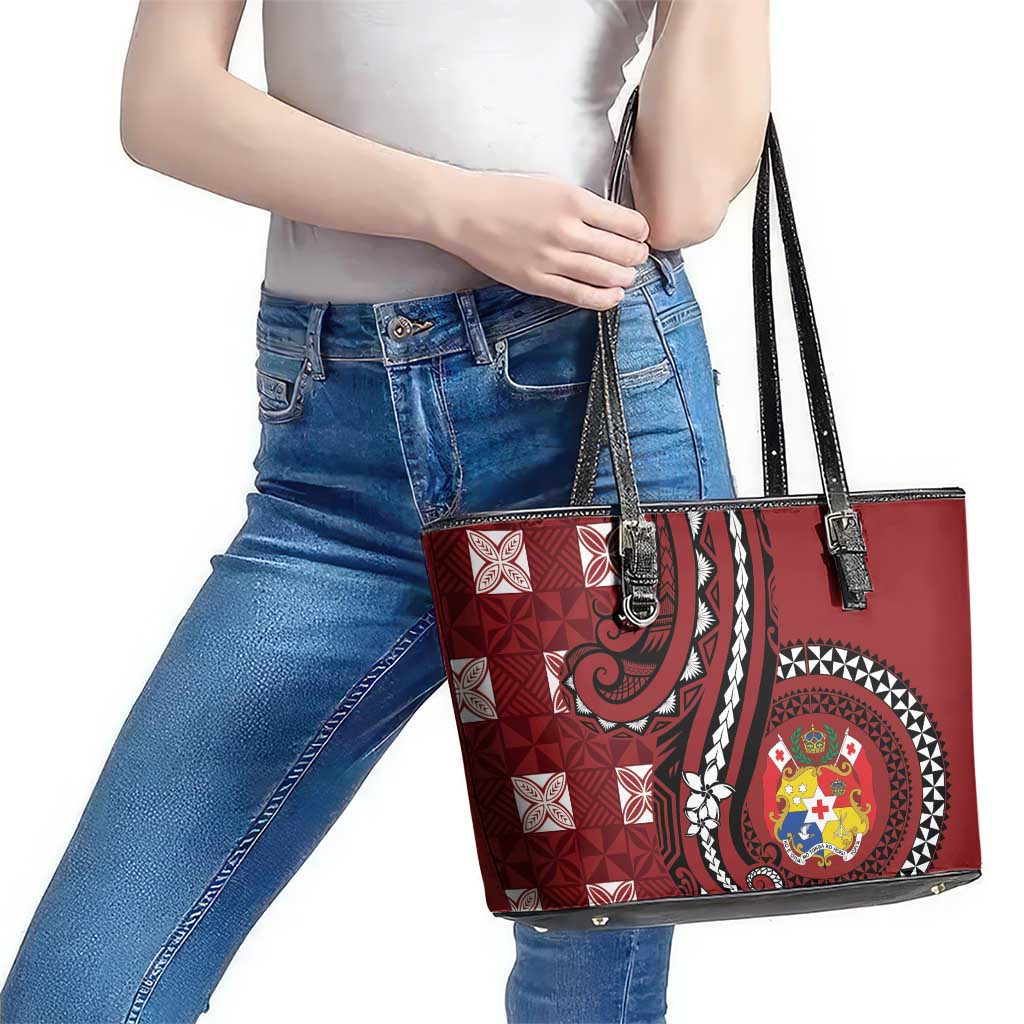 Tonga Ngatu Leather Tote Bag Iconic Red Manulua Motifs LT7 - Polynesian Pride
