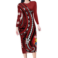 Personalized Tonga Ngatu Long Sleeve Bodycon Dress Iconic Red Manulua Motifs LT7 Long Dress Red - Polynesian Pride