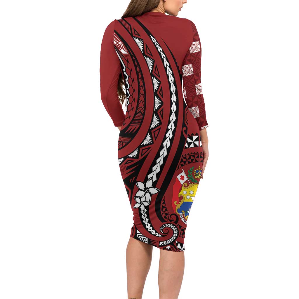 Personalized Tonga Ngatu Long Sleeve Bodycon Dress Iconic Red Manulua Motifs LT7 - Polynesian Pride