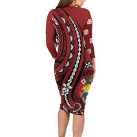 Personalized Tonga Ngatu Long Sleeve Bodycon Dress Iconic Red Manulua Motifs LT7 - Polynesian Pride
