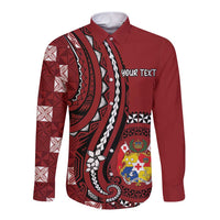Personalized Tonga Ngatu Long Sleeve Button Shirt Iconic Red Manulua Motifs LT7 Unisex Red - Polynesian Pride
