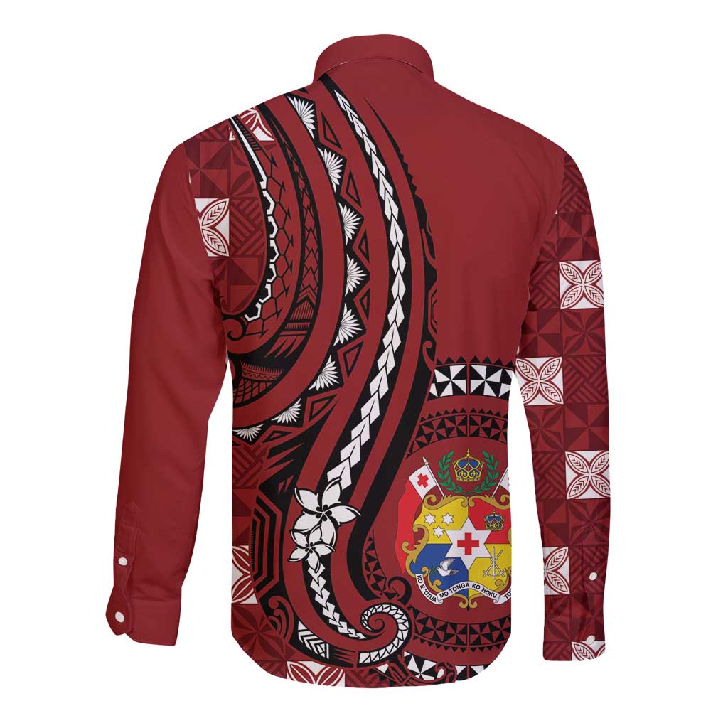 Personalized Tonga Ngatu Long Sleeve Button Shirt Iconic Red Manulua Motifs LT7 - Polynesian Pride