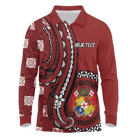 Personalized Tonga Ngatu Long Sleeve Polo Shirt Iconic Red Manulua Motifs LT7 Red - Polynesian Pride