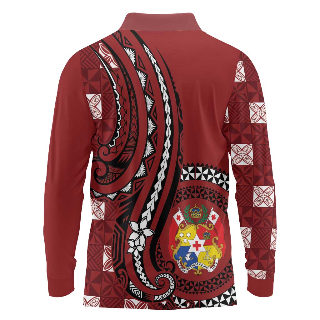Personalized Tonga Ngatu Long Sleeve Polo Shirt Iconic Red Manulua Motifs LT7 - Polynesian Pride