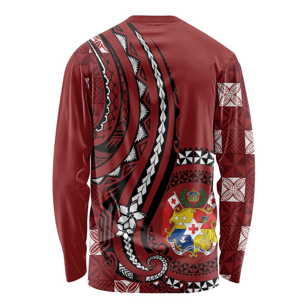 Personalized Tonga Ngatu Long Sleeve Shirt Iconic Red Manulua Motifs LT7 - Polynesian Pride