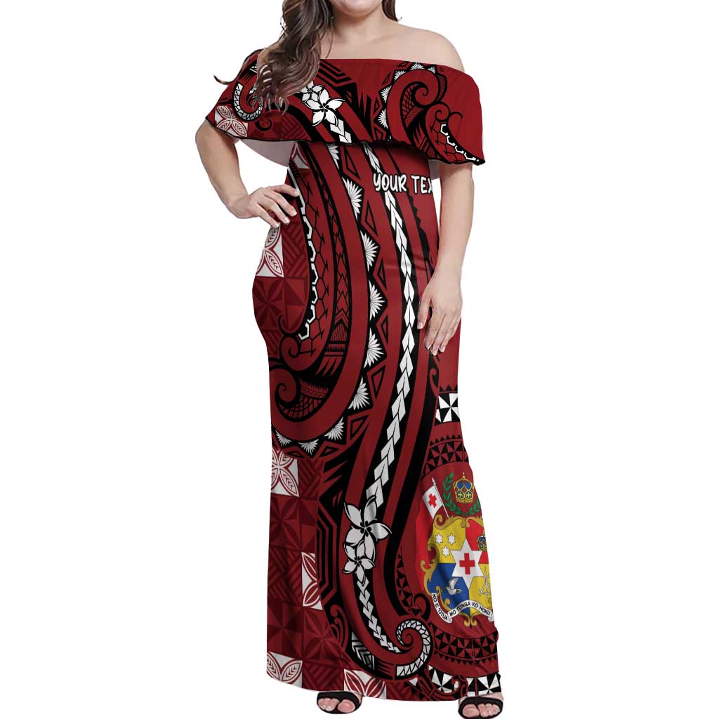 Personalized Tonga Ngatu Off Shoulder Maxi Dress Iconic Red Manulua Motifs LT7 Women Red - Polynesian Pride